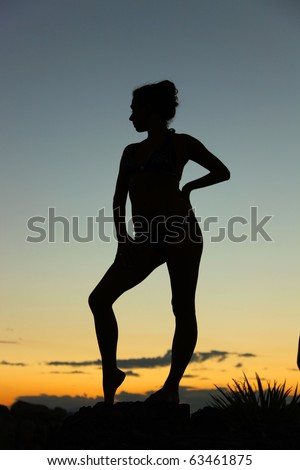 Sexy silhouette in the desert at sunset with a beautiful woman