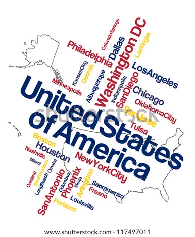 US map and words cloud with larger cities