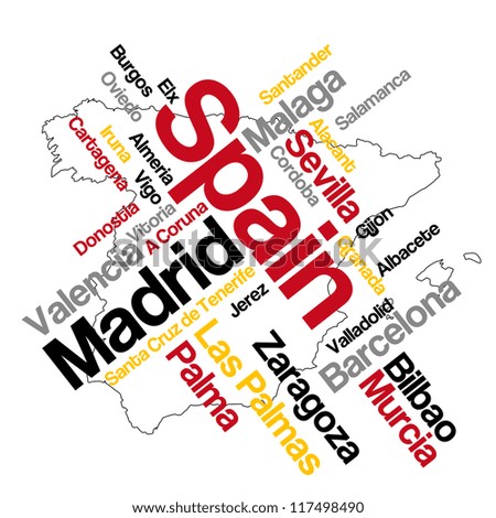 Spain map and words cloud with larger cities; vector version is also available
