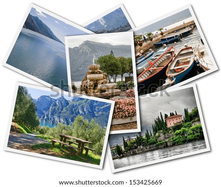 Collage of Lake Garda photographs depicting landmarks isolated on white background