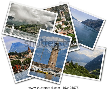 Collage of Lake Garda photographs depicting landmarks isolated on white background