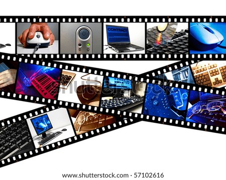 Three filmstrips of computer elements isolated on white