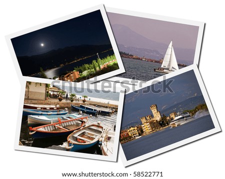 Collage of Lake Garda, Italy photographs depicting landmarks, isolated on white background