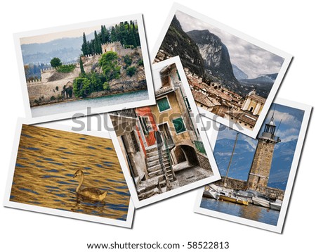 Collage of Lake Garda, Italy postcards depicting landmarks, isolated on white background