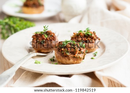 Stuffed mushrooms  with bread crumbs, mushroom stems, parsley,onions and garlic