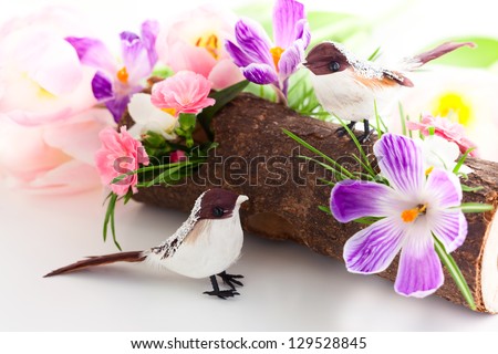 easter decor with spring flowers and birds