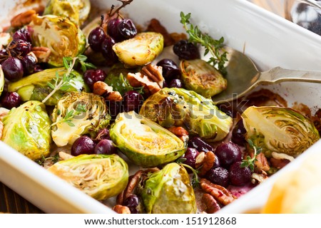 Roasted Brussels Sprouts With Grapes,Nuts And Balsamic Vinegar