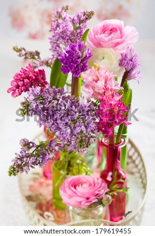 Beautiful spring flowers in vases