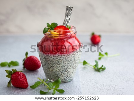 Strawberry and chia seeds pudding in a jar for breakfast