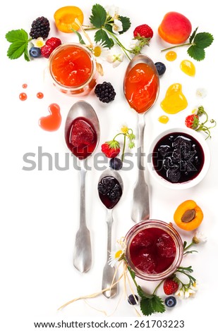 Apricot ,blackberry and strawberry jam on white background