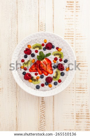 Breakfast bowl: coconut chia pudding with fruits and berries.