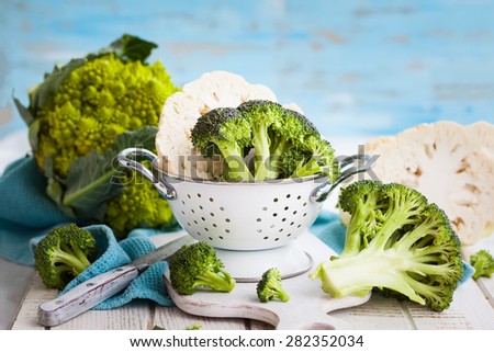 Various types of cabbage: romanesco, broccoli and cauliflower