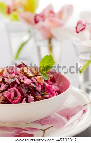 beetroot salad with rice(long-grain rice with wild rice),nut,onion,mint