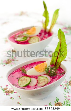 Summer cold  soup with beet, cucumber, radish,kefir and egg.