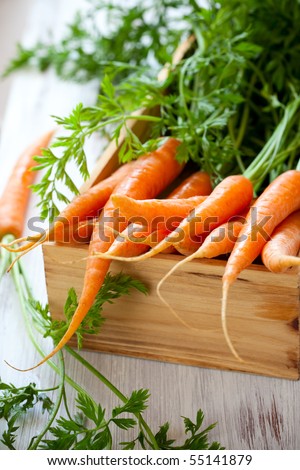 Fresh organic carrots in a wooden  box