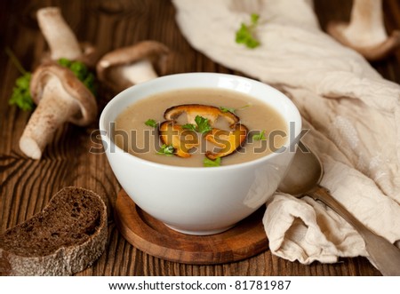 Bowl of cream of mushroom soup with fried mushrooms