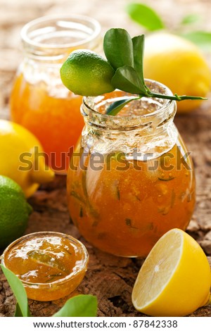 Jars of Lemon and Lime Marmalade with Fresh Fruits