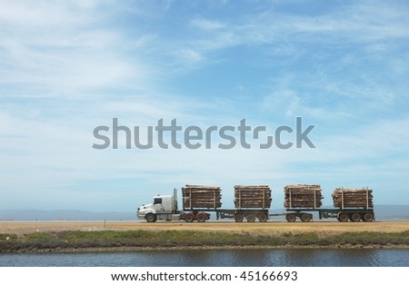Long logging truck with clear sky