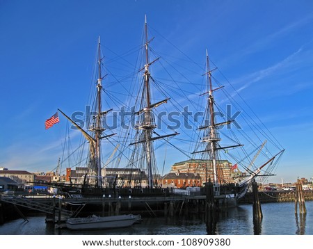 BOSTON - APRIL 21: The USS Constitution is the world\'s oldest commissioned naval vessel afloat anchoring in Boston (Massachusetts) on April 21, 2012 in Boston, USA.