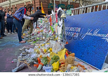Boston - Apr 20: People Poured Over The Memorial Set Up On Boylston Street In Boston, Usa On April 20, 2013. 3 People Killed And Over 100s Injured During Boston Marathon Bombing On April 15, 2013.