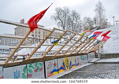 KIEV - DEC 06: Barricade on Euro maidan meeting in Kiev, Ukraine on December 06, 2013. Meeting devoted to declining of Ukraine for integration to the European Union.