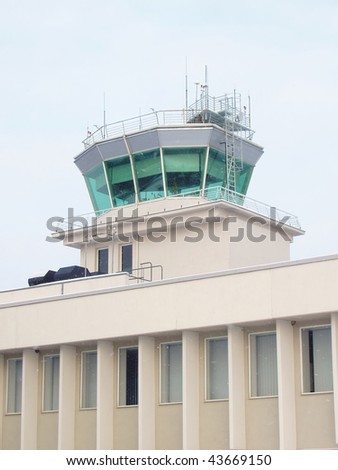 Close shot of the aerodrome control point. Location Riga airport. Control tower.