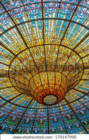 Barcelona, Spain - April, 27, 2013: Ceiling In Music Palace, Concert Hall Designed In The Catalan Modernista Style.