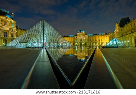 PARIS, FRANCE - July, 22, 2011: Louvre museum at night. The Louvre is one of the world\'s largest museums and a central landmark of Paris.