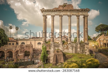Retro style image of ancient roman forums in Rome, Italy