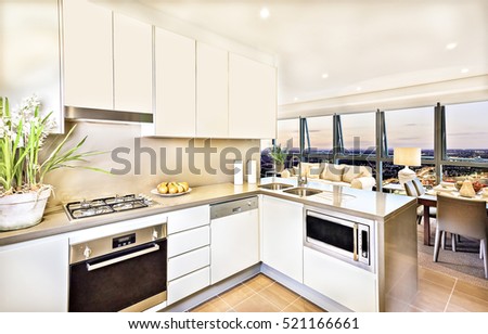 Modern kitchen interior with living room area at evening, luxury look from brown dining table and sofa, wash basin and gas cooker have attached to the pantry cupboard, flower pot near the cooker.