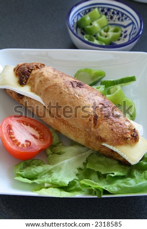 Sandwich - a bread roll with cheese filings, ham and salads on the side. Table surface is textured, not noise.
