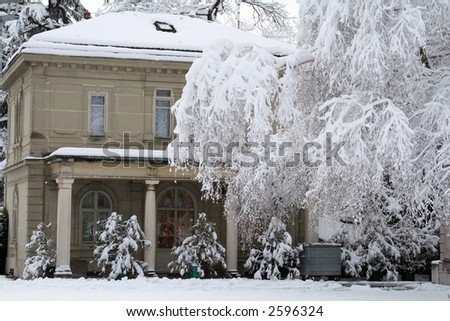 Ancient mansion against a snowy background. Winter Scene.