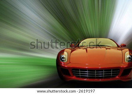 Red generic sports car speeding in the country side. Concept: speed