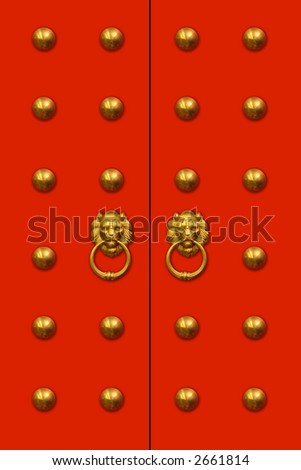 Red chinese door with a lion/dragon head. Concept: Chinese New Year celebration.