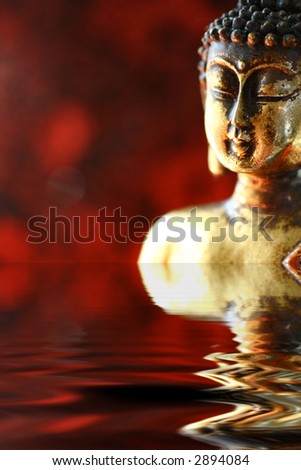 Buddha statue on a ripple of water with reflection.