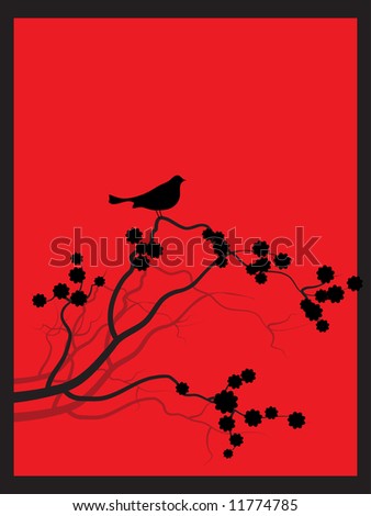 stock vector Vector Japanese spring flower zen style with bird perched 