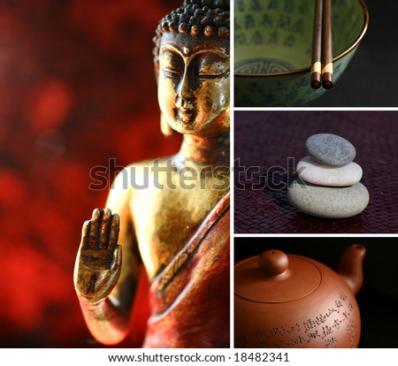 Composition of images - buddha, stones, teapot, chopsticks. Zen lifestyle.