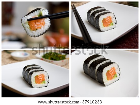 Salmon sushi presented on a white plate, black chopsticks in a collection set