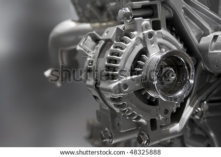 Metallic shiny new internal combustion engine showing details