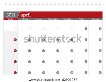 April 2011 Calendar on April 2011 Calendar Stock Vector 63901069   Shutterstock