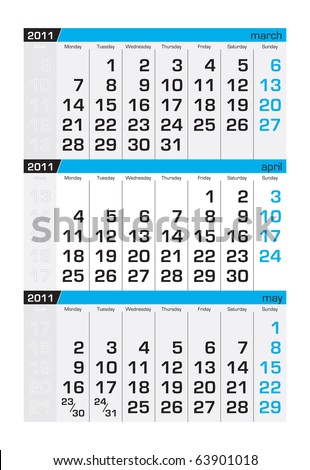 Calendar April 2011 on Three Month Calendar April 2011 Stock Vector 63901018   Shutterstock