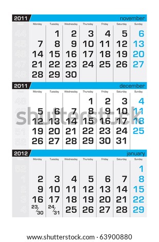 stock vector : Three-month calendar,december 2011