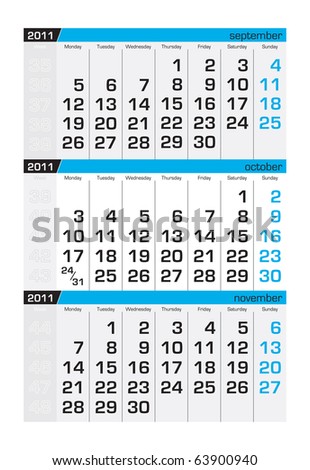 stock vector : Three-month calendar,october 2011