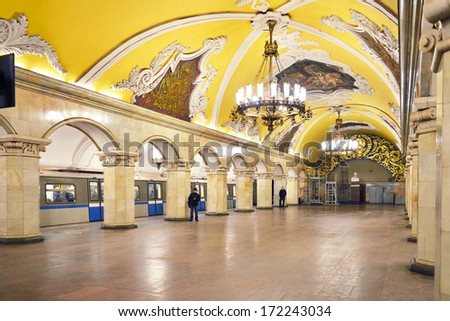 MOSCOW,RUSSIA-JANUARY 16:People walking at metro station on January 16,2014 in Moscow,Russia.It\'s rapid transit system serving Moscow.As of 2013,metro has 190 stations and its route length is 317.5 km