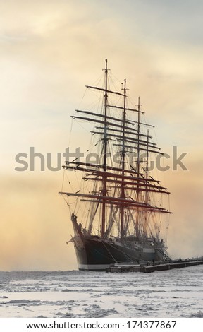 ST.PETERSBURG,RUSSI A-JANUARY 23:Barque Sedov was launched in Kiel in 1921,icebound anchored in St. Petersburg,Russia on January 23,2014.She participates regularly in big maritime international events