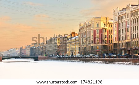ST PETERSBURG,RUSSIA-JANUARY 23:Fontanka is left branch of Neva,St Petersburg,Russia..Its length is 6,700 m.Fontanka Embankment is lined with former private residences of Russian nobility.Jan 23,2014