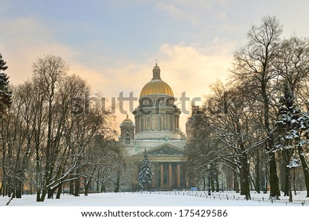 Saint Isaac\'s Cathedral (1858) winter evening in Saint Petersburg, Russia