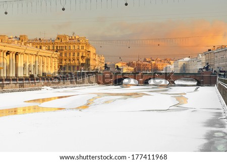 ST PETERSBRG, RUSSIA - JANUARY 23:Fontanka is left branch of Neva,St Petersburg,Russia.Its length is 6,700 m.Fontanka Embankment is lined with former private residences of Russian nobility.Jan 23,2014