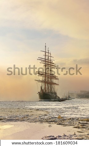 ST.PETERSBURG,RUSSI A-JANUARY 23:Barque Sedov was launched in Kiel in 1921,icebound anchored in St. Petersburg,Russia on January 23,2014.She participates regularly in big maritime international events