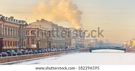 ST PETERSBURG, RUSSIA - JANUARY 23,2014: Fontanka is left branch of Neva,St Petersburg, Russia.. Its length is 6,700 m.Fontanka Embankment is lined with former private residences of Russian nobility.